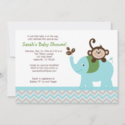 Monkey and Elephant Blue/Silver Chevron Invitation