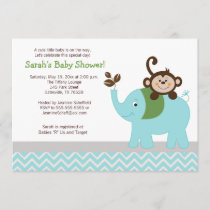 Monkey and Elephant Light Blue Chevron Baby Shower Invitation