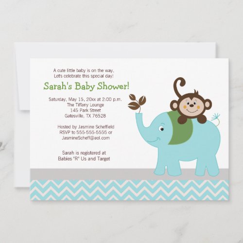 Monkey and Elephant Light Blue Chevron Baby Shower Invitation