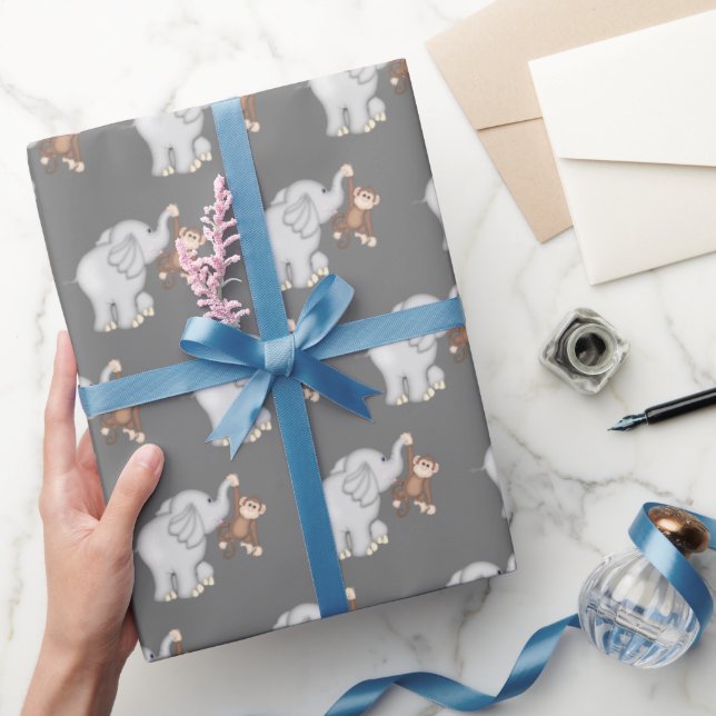 Monkey and Elephant On Gray Wrapping Paper (Gifting)