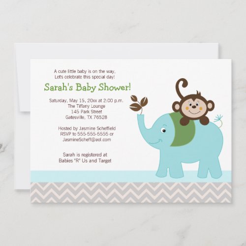 Monkey and Elephant Silver Chevron Baby Shower Invitation