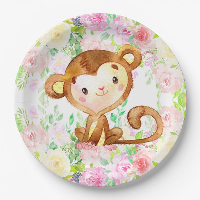 Monkey and flowers girl baby shower paper plates. plates (Front)