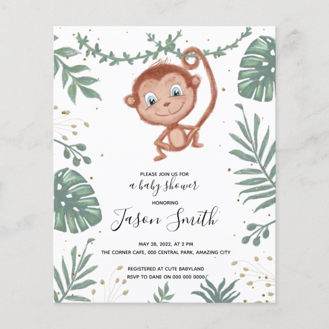 Monkey and leaves happy baby boy shower invitation (Front)