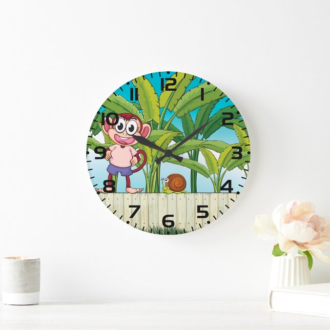 Monkey and Snail in Tropical Jungle Scene Large Clock (Creator Uploaded)