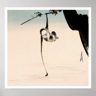 Monkey and the Moon Reflection Poster