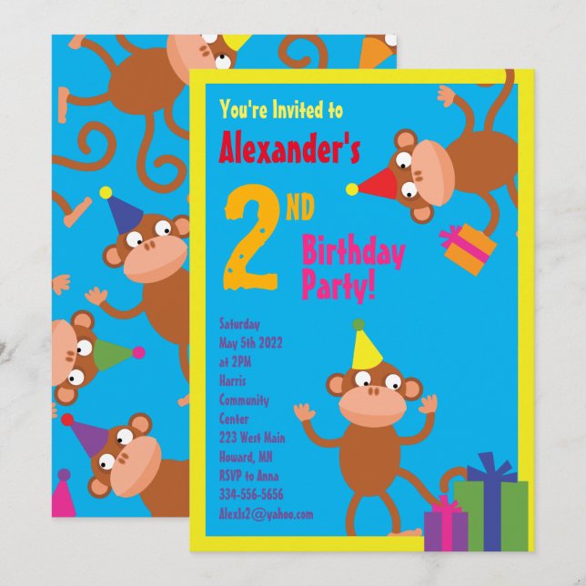 Monkey Animal Kid's Birthday Party Invitations (Front/Back)