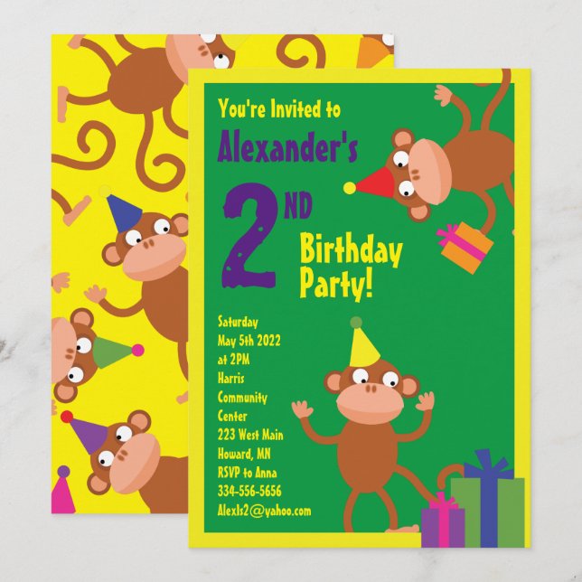 Monkey Animal Kid's Birthday Party Invitations (Front/Back)