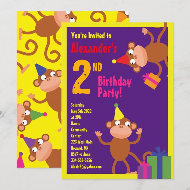 Monkey Animal Kid's Birthday Party Invitations (Front/Back)