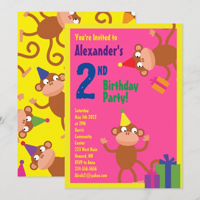 Monkey Animal Kid's Birthday Party Invitations (Front/Back)