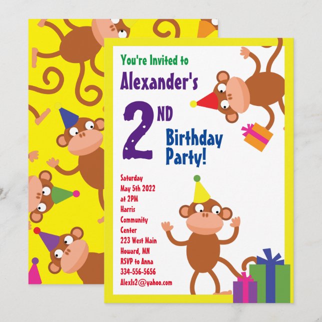 Monkey Animal Kid's Birthday Party Invitations (Front/Back)