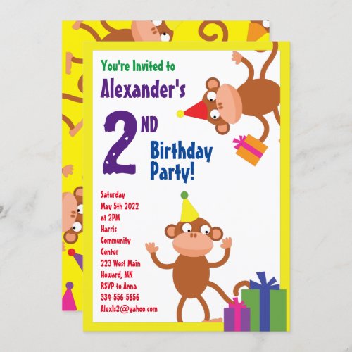 Monkey Animal Kids Birthday Party Invitations