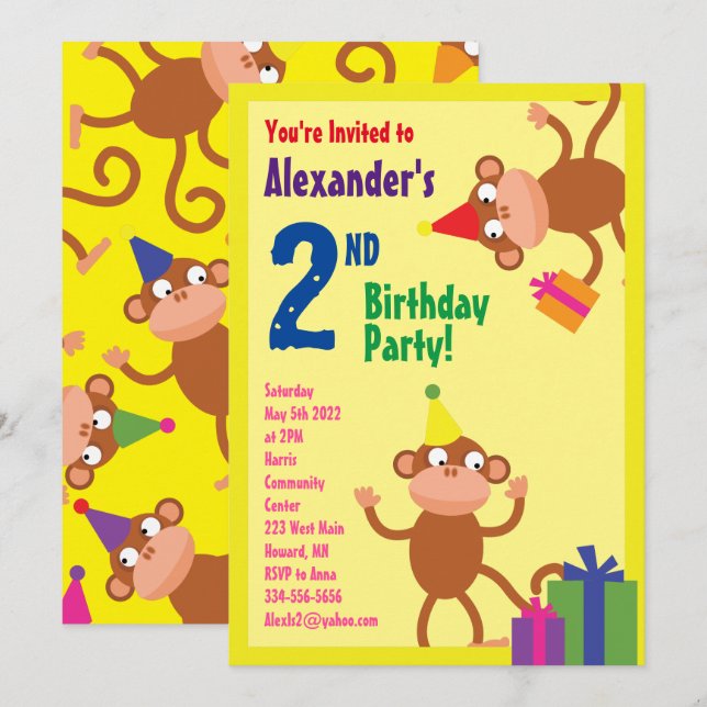 Monkey Animal Kid's Birthday Party Invitations (Front/Back)