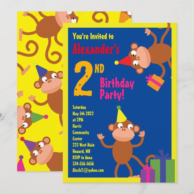 Monkey Animal Kid's Birthday Party Invitations (Front/Back)