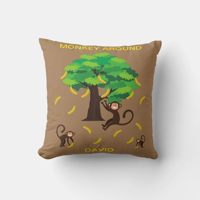 "Monkey Around" Monkeys Going Bananas   Throw Pillow (Front)