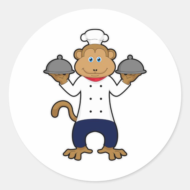 Monkey as Cook with Serving plates Classic Round Sticker (Front)