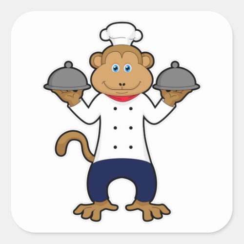 Monkey as Cook with Serving plates Square Sticker