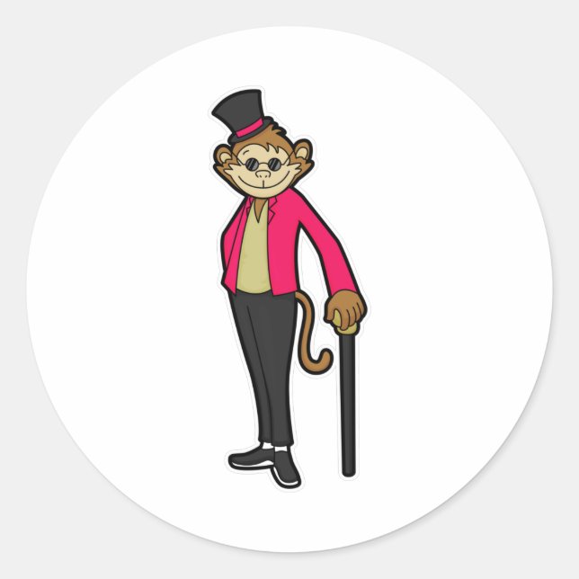 Monkey as Gentleman with Hat & Walking stick Classic Round Sticker (Front)