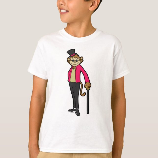 Monkey as Gentleman with Hat & Walking stick T-Shirt (Front)