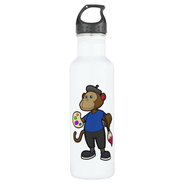 Monkey as Painter with Paint & Brush Stainless Steel Water Bottle (Front)
