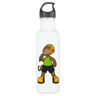 Monkey as Singer with Microphone & Headphone Stainless Steel Water Bottle