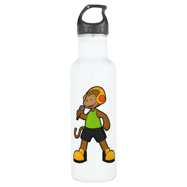 Monkey as Singer with Microphone & Headphone Stainless Steel Water Bottle (Front)