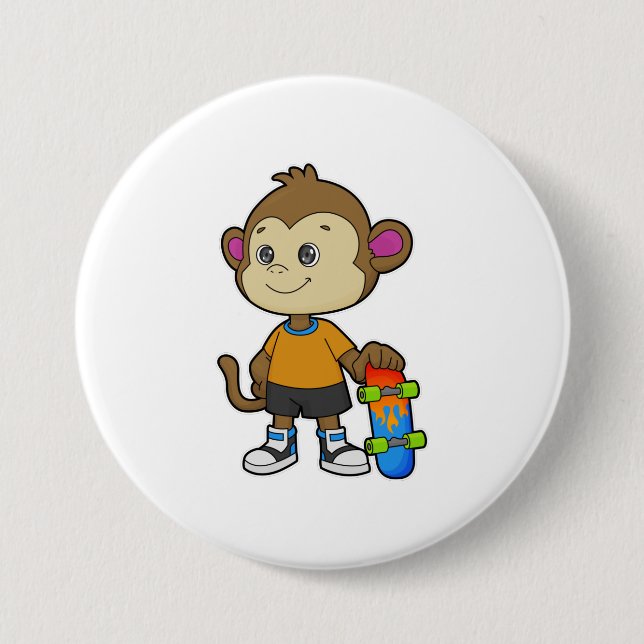 Monkey as Skater with Skateboard Button (Front)
