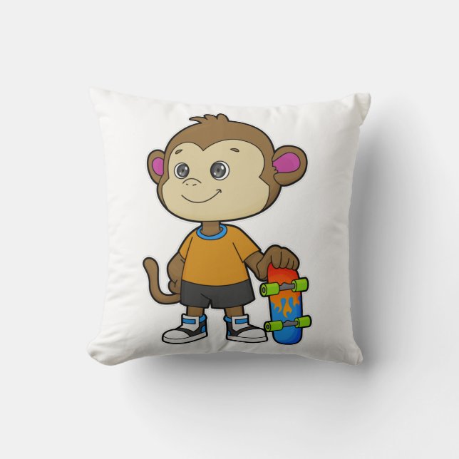 Monkey as Skater with Skateboard Throw Pillow (Front)
