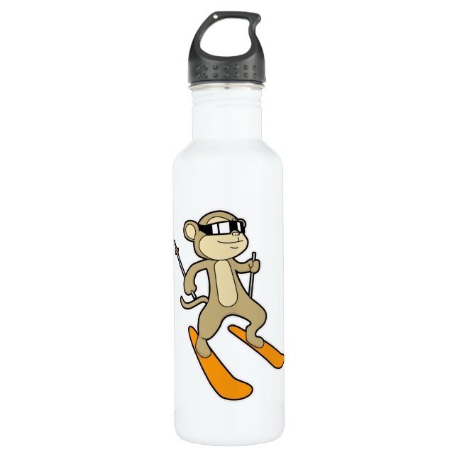 Monkey as Skier with Ski Stainless Steel Water Bottle (Front)