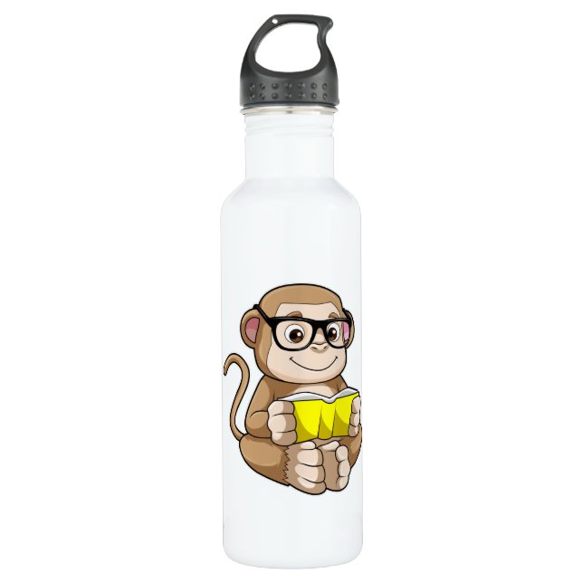 Monkey as Student with Glasses & Book Stainless Steel Water Bottle (Front)