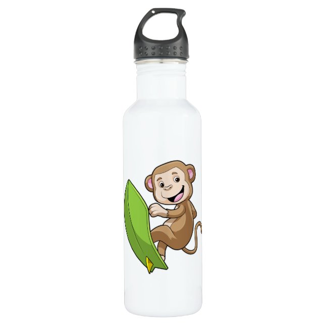 Monkey as Surfer with Surfboard Stainless Steel Water Bottle (Front)