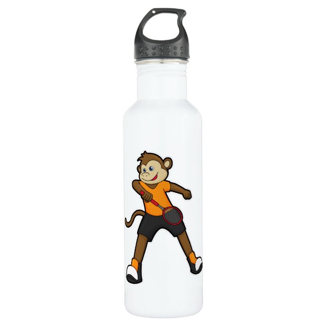Monkey as Tennis player with Tennis racket Stainless Steel Water Bottle (Front)