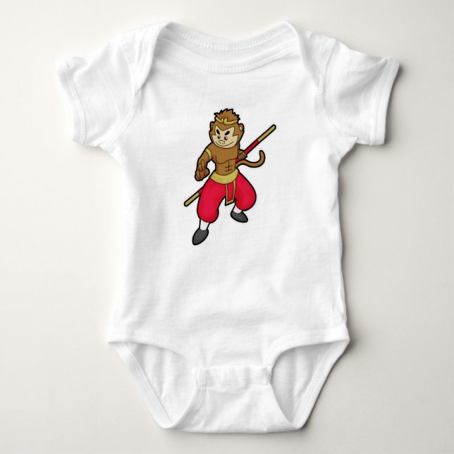 Monkey as Warrior with Staff & Headband Baby Bodysuit (Front)
