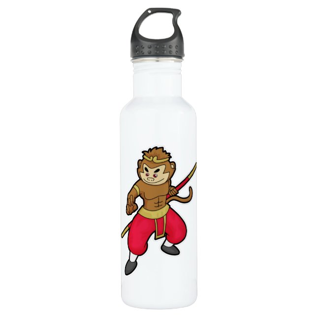 Monkey as Warrior with Staff & Headband Stainless Steel Water Bottle (Front)