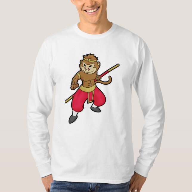 Monkey as Warrior with Staff & Headband T-Shirt (Front)