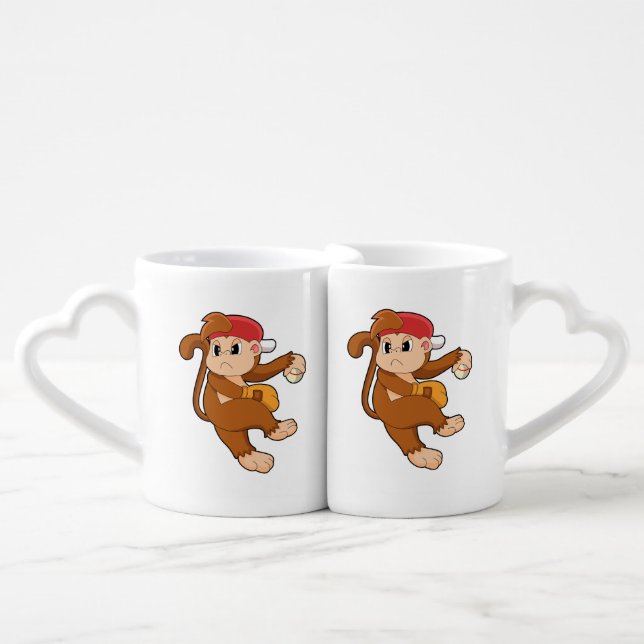 Monkey at Baseball with Baseball glove Coffee Mug Set (Front Nesting)