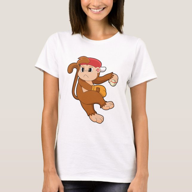 Monkey at Baseball with Baseball glove T-Shirt (Front)