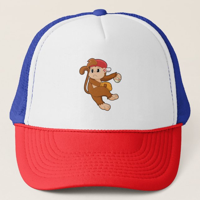 Monkey at Baseball with Baseball glove Trucker Hat (Front)