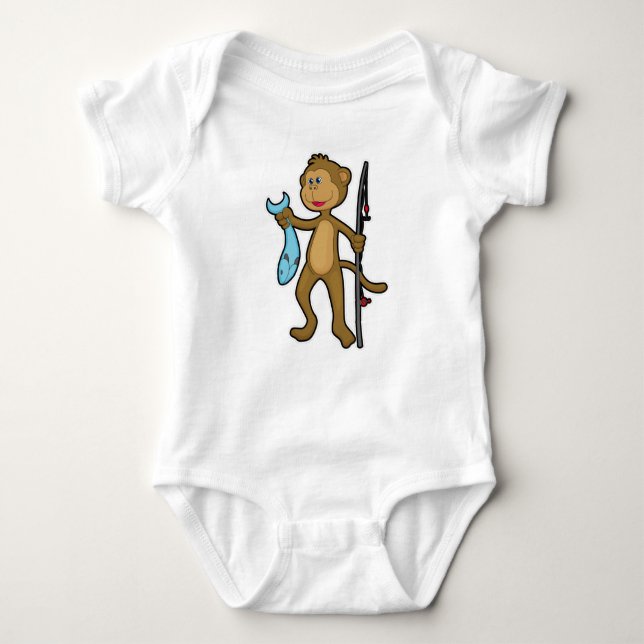 Monkey at Fishing with Fishing rod & Fish Baby Bodysuit (Front)