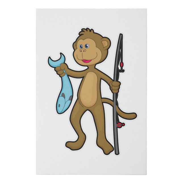 Monkey at Fishing with Fishing rod & Fish Faux Canvas Print (Front)