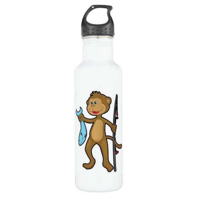 Monkey at Fishing with Fishing rod & Fish Stainless Steel Water Bottle (Front)