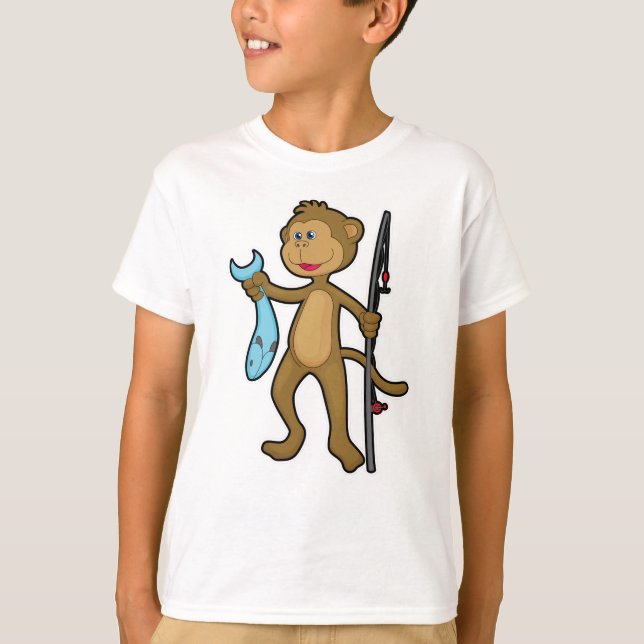 Monkey at Fishing with Fishing rod & Fish T-Shirt (Front)