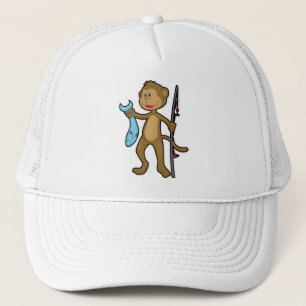Monkey at Fishing with Fishing rod & Fish Trucker Hat