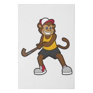 Monkey at Hockey with Hockey stick Faux Canvas Print