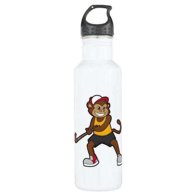 Monkey at Hockey with Hockey stick Stainless Steel Water Bottle (Front)