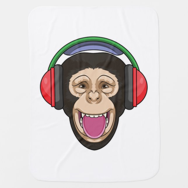 Monkey at Music with Headphone Baby Blanket (Front)