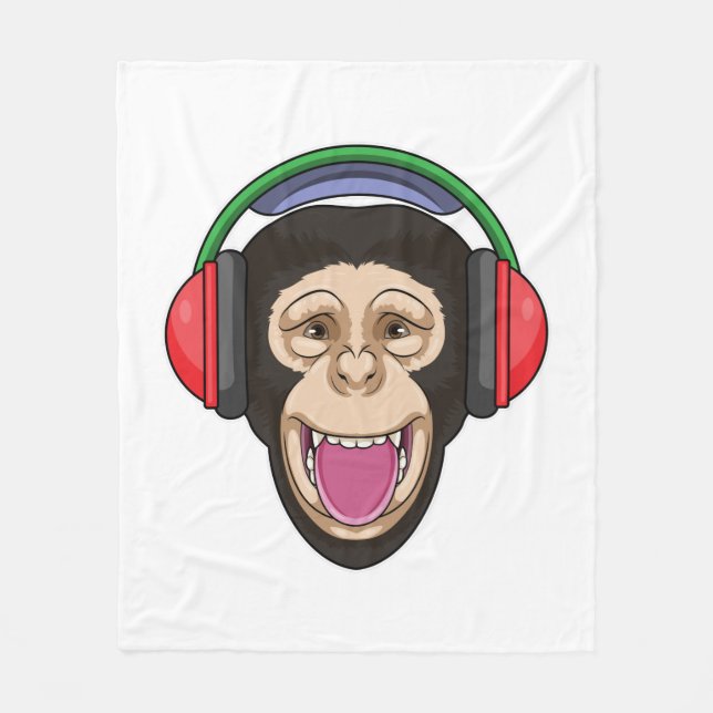 Monkey at Music with Headphone Fleece Blanket (Front)