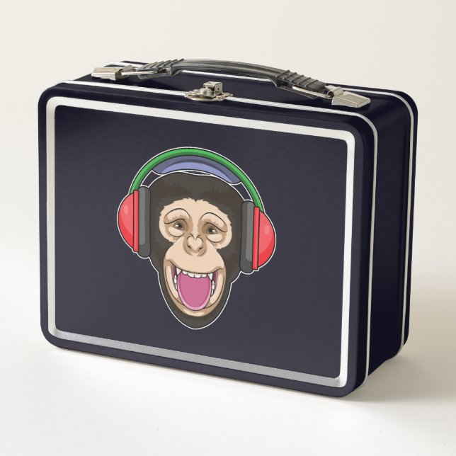 Monkey at Music with Headphone Metal Lunch Box (Front)