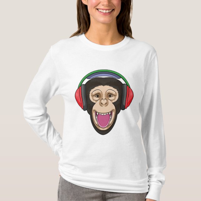 Monkey at Music with Headphone T-Shirt (Front)