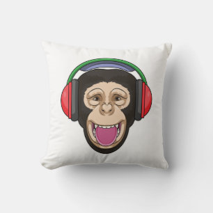 Monkey at Music with Headphone Throw Pillow