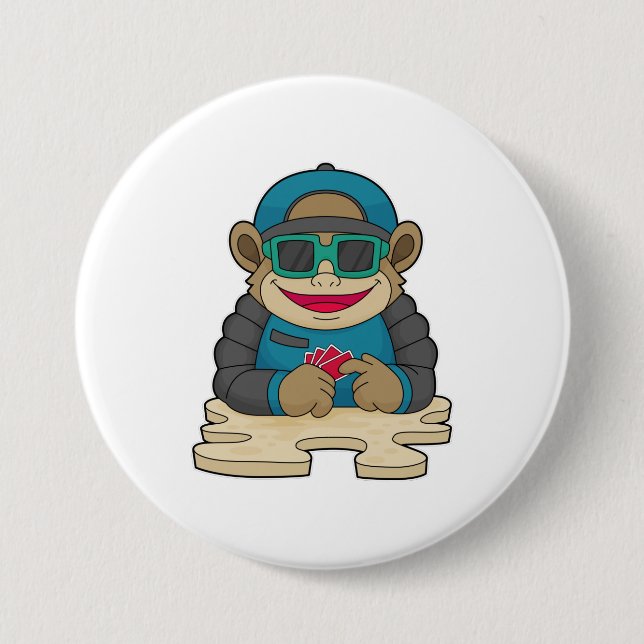 Monkey at Poker with Poker cards & Sunglasses Button (Front)